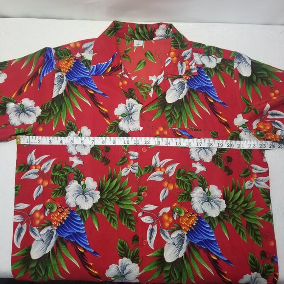 VHO Men L Red Hawaiian Tropical Floral Short Sleeve Button Up Parrott Bird Shirt - Picture 12 of 16